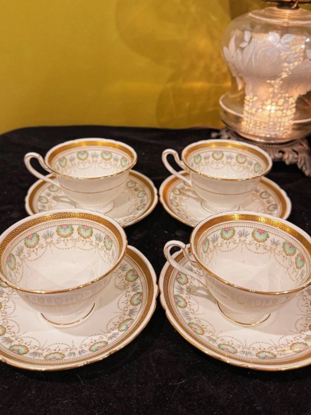 Vintage Foley 4 Teacup Saucer Sets Greek Key Floral Gold